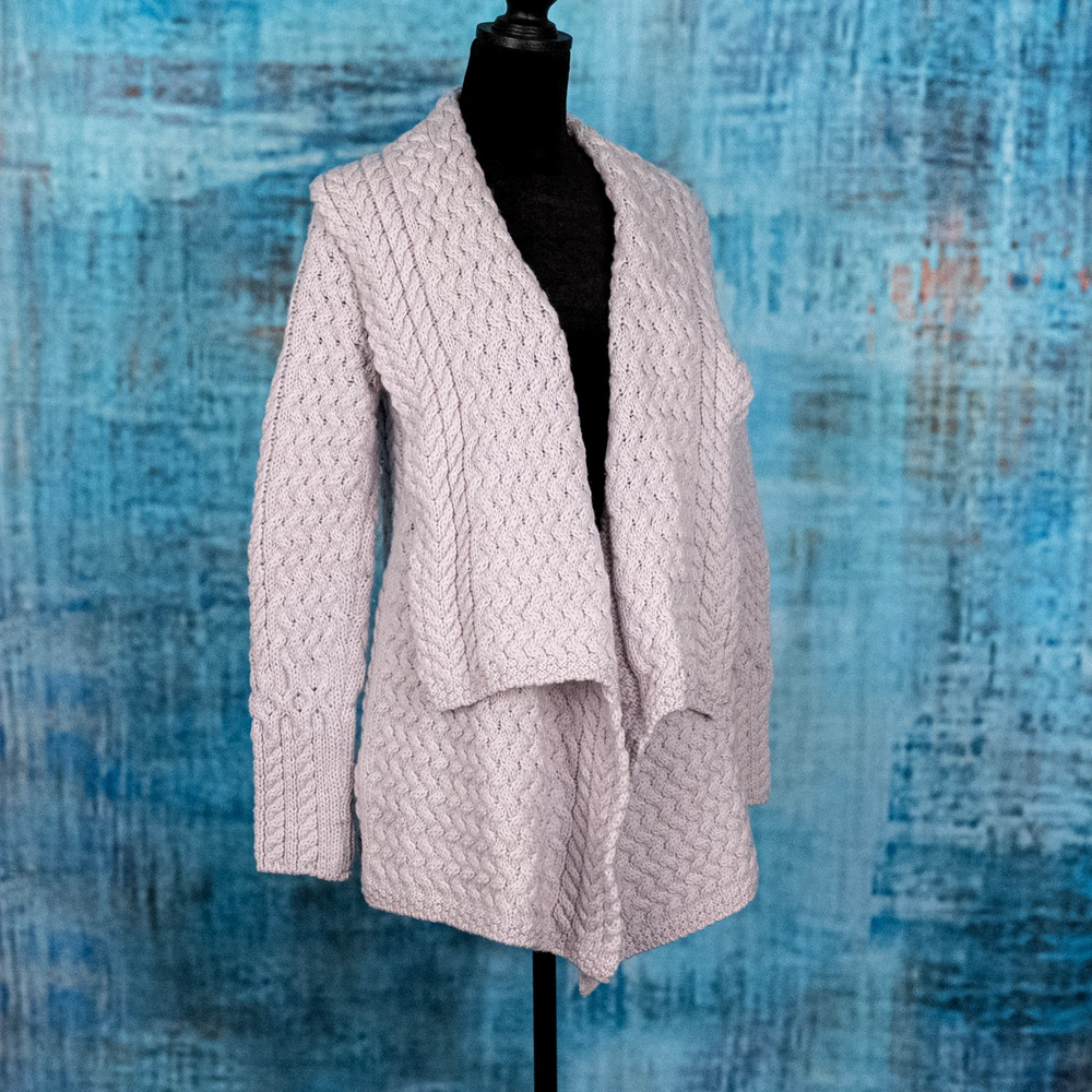 Irelands Eye 100% Wool Chunky Cable Knit Cardigan Women's MEDIUM Gray Fisherman